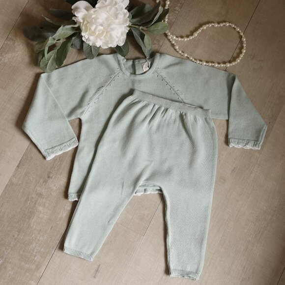 Cotton Sweater Knit Scalloped Pant Set Seafoam Green Argyle Boutique NWT - Picture 2 of 7